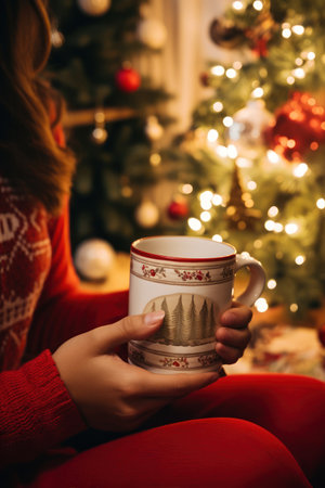 Woman hands in warm sweater holding stylish mug at illumination bokehの素材