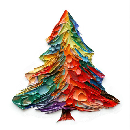 Christmas Tree. Colorful oil or acrylic impasto style. gifts isolated on white background.の素材