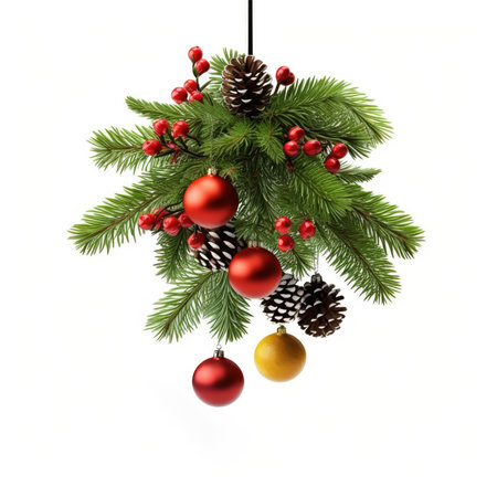 Christmas Fir twigs isolated on white background. Xmas decoration with European holly berries baubles and pine conesの素材