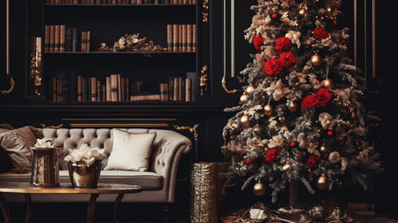 Big cozy living room. A coffee table with Xmas decor on a background of a sofa and a Christmas tree in the interior.の素材