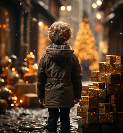 A boy at a background of Christmas gifts. Back view. Holidays and childhood concept. Adorable child at home on New Year's Eve. Vintage styleの素材