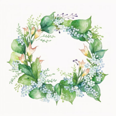 Watercolor wreath made with lily of the walley and leaves on white paper background. Design for web, invitations and greeting cards.の素材