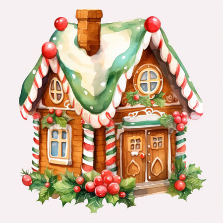 Gingerbread isolated on a white background. Christmas cookies in shape of a house. Holiday food. Traditional sweets. Watercolor styleの素材