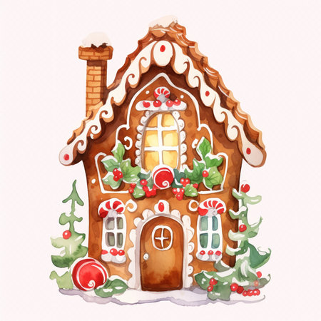 Gingerbread isolated on a white background. Christmas cookies in shape of a cute house. Holiday food. Traditional sweets. Watercolor styleの素材
