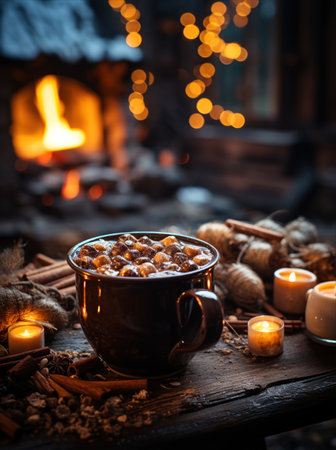 A mug of hot cocoa with marshmallows and spices is on a wooden table with candles. A cup of coffee or tea close-up. Hot drink Outdoor. Christmas Eve Festive atmosphere. Burning fire and lights in the backgroundの素材