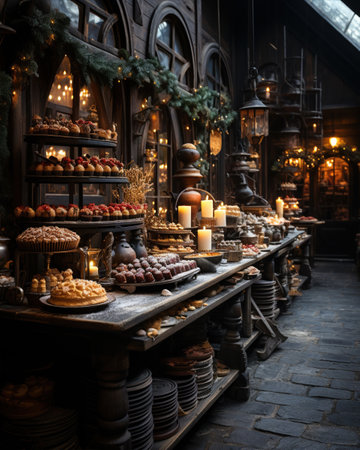 A stall with cakes and cookies at a Christmas market. Bakery with festive sweets. Plates with gingerbread and candy.の素材