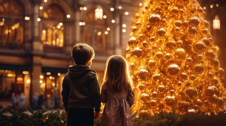 Siblings are standing near a big Christmas tree on the street. Children are enjoying their holiday. The festive town is decorated with lights.の素材