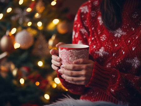 Hands holding warm cup of coffee on background of christmas tree with lights. Cozy home, atmospheric winter hygge. Woman hands in sweater holding a mugの素材