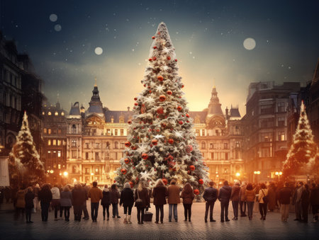 People in Christmas market near a illuminated tree, festive new year lights. Night time magic atmosphere. Old town decorated with lights in the backgroundの素材