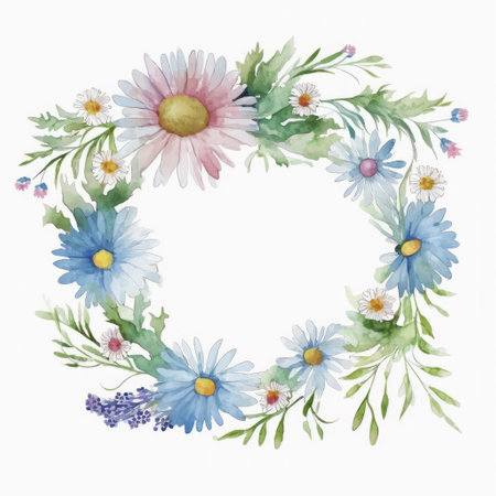 Watercolor wreath made with wildflowers and leaves on white paper background. Floral illustration. Frame made of flowers Design for web, invitations and greeting cards. Generative Ai.の素材