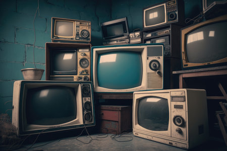 Retro TVs of various sizes are in an old abandoned room. Vintage TV equipment and wires. Analog televisionの素材
