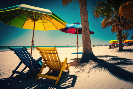 Two Sunbeds under tropical palms and colorful umbrellas on the beach. Blue sea and white sand. Vacation time. Generative Aiの素材