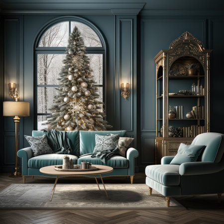 A big Christmas tree in the luxury vintage living room. Old classic style interior with sofa and library.の素材