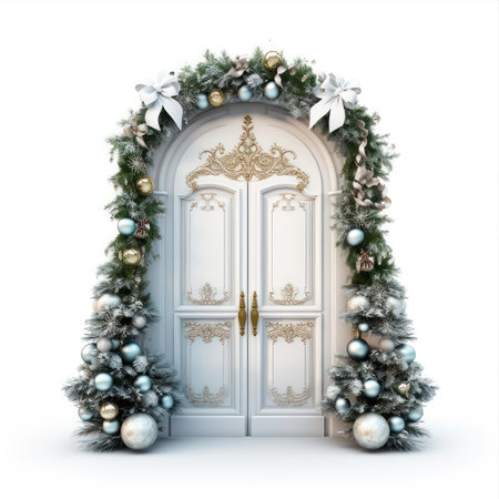 A luxury white door decorated for Christmas isolated on white background. Festive decoration of fir branches and Xmas ballsの素材