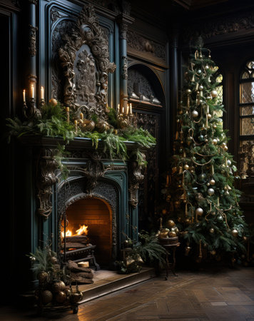 A big Christmas tree decorated with baubles and in the luxury dark living room with fireplace. Vintage interior. Magic atmosphere at X-mas eveの素材