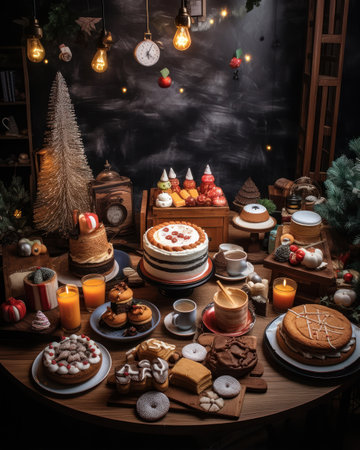 Tasty homemade Christmas cookies on the table. Gingerbread. Christmas holiday treats. Delicious food, xmas sweetsの素材