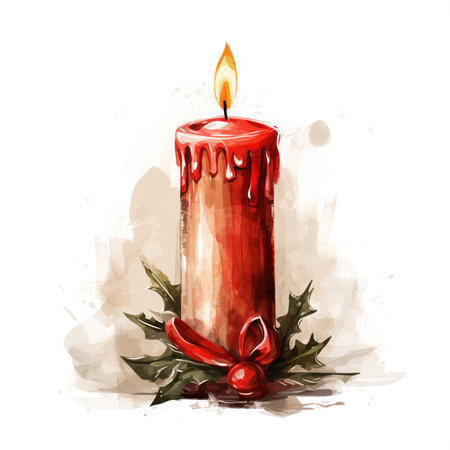 Christmas burning candle with brunch Isolated on white background. Xmas european holly decoration with spruce twigの素材