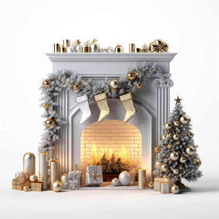 Fireplace decorated for Christmas, trees and candles isolated on white background. New Year details in an interior.の素材