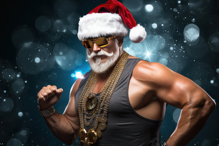 A muscular man in a Santa Claus hat and sunglasses. Festive lights and sparkles at the background. Christmas party Djの素材