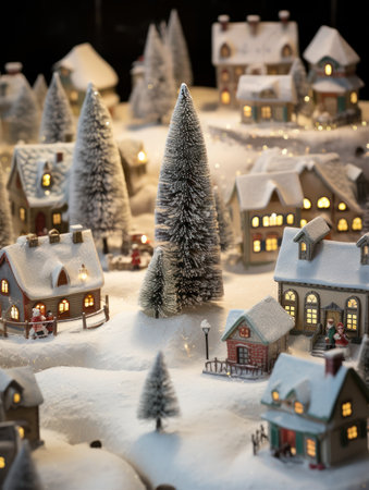 Miniature Street in a Christmas night in an old town. New Year Eve in the model of historical center. Festive decoration of houses and trees. Snow nightの素材