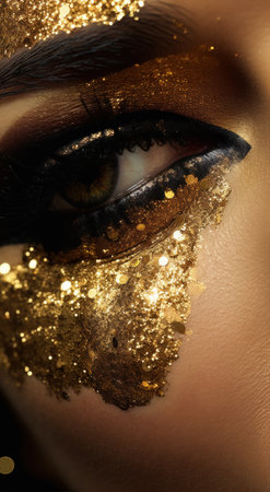 Close-up eye of a beautiful woman with golden glitter makeup. A girl with gold metallic paint on her face. Fashion and beauty concept. Model with glamorous make-upの素材