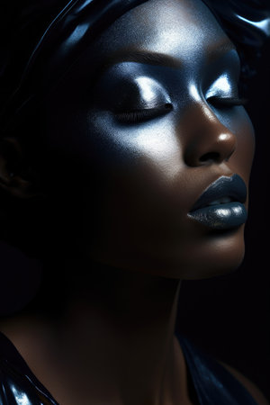 Portrait closeup of beautiful black woman. Beauty african face. Perfect shiny skin. Fashion model girl posing. Professional metallic Glossy blue make-upの素材