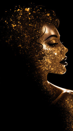 Beautiful woman profile with golden glitter makeup. Stunning young girl with gold metallic paint on her face. Fashion and beauty concept. Model with glamorous make-upの素材