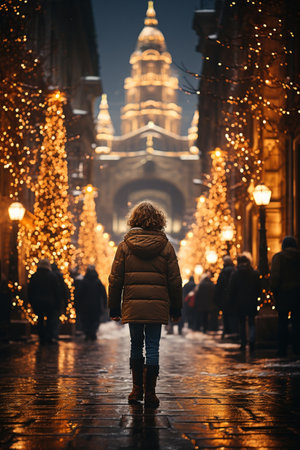 A woman is standing at the street decorated with Christmas lights at night. Back view. Xmas Eve in a city and Festive decorationsの素材