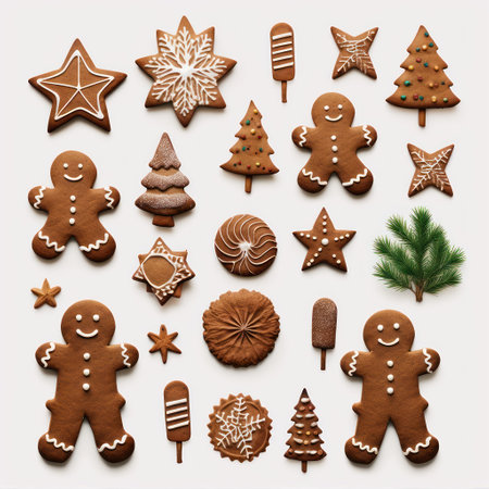 Gingerbread set isolated on a white background. Christmas cookies collection in shape of a star house, tree and a manの素材