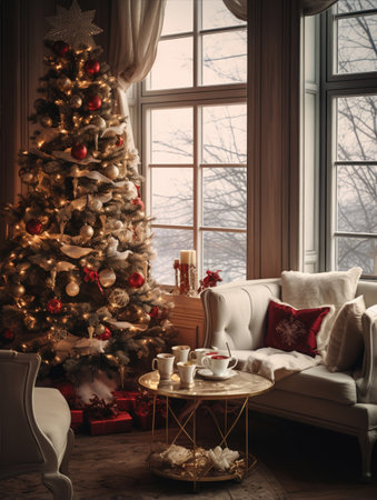 A coffee table with Xmas decor on a background of a sofa and a Christmas tree in the cozy living room. Red and white colors.の素材