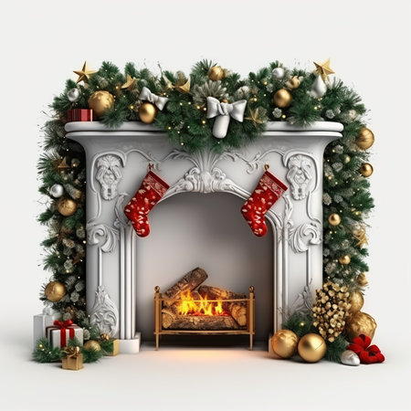 Fireplace decorated for Christmas and candles isolated on white background. New Year details in an interior.の素材