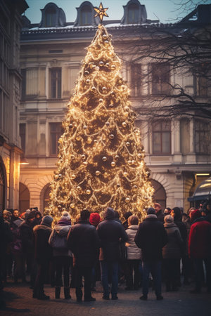 A Square with Christmas tree and people. Old town during the holidays.の素材