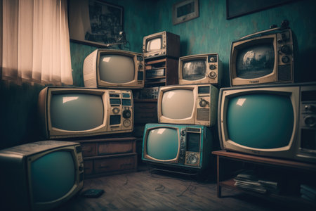 Retro TVs of various sizes are in an old abandoned room. Vintage TV equipment and wires. Analog televisionの素材