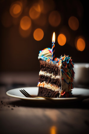 Birthday piece of cake with candle. Biscuit and cream. Festive lights on the background. Generative Aiの素材