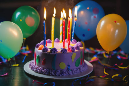 Birthday cake with candles. Air balloons and festive lights on the background. Generative Aiの素材