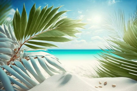 Palm leaves and sand beach. Blue sky and ocean. Tropical background. Generative AIの素材