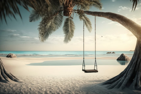 Wooden swing on the beach. Sea and blue sky of tropical island. Generative Aiの素材