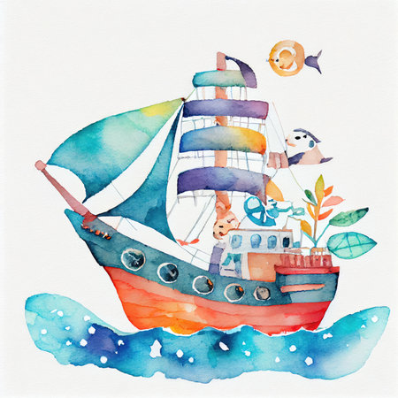 Cute watercolor ship on white background. Cartoon style. Generative Aiの素材