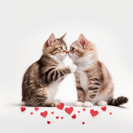 Two cute kittens sitting next to each other isolated on a white. Hearts at the background. Valentine's Day greeting card. Love concept. Adorable baby pets.の素材