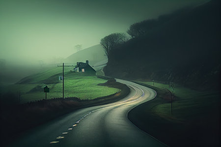 Serpentine Road Among Hills. Amazing landscape green mountains. Fog weather night time.の素材