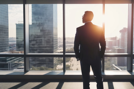 Back View of the Businessman wearing a Suit Standing in His Office and Contemplating Business Deal, Looking out of the Window. Amazing view of the city.の素材