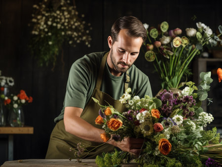 Florist at work. A flower shop worker creates a bouquet. Roses, peonies, tulips, wildflowers on the table. Handmade floral decoration. Self-employment and small businessの素材