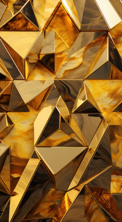 Triangles gold background. Polygonal metal and glass surface. Futuristic Golden Design. Abstract wallpaperの素材
