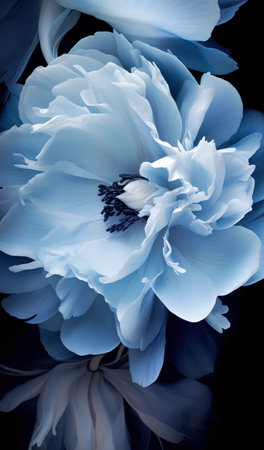Gentle gray blue peonies on black background. Abstract airy petals. Flower macro wallpaper. Beauty in natureの素材