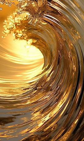 Beautiful gold wave in the ocean. Barrel. Water surface in the golden light of the sun at sunset or dawn. Surfer's POV in the tube wallpaper. Beauty in nature and freedom conceptの素材