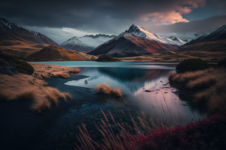 Beautiful valley with a river. Magnificent mountains in the background. Generative Aiの素材