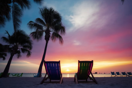 Sunbeds under tropical palms on the beach at sunset. Vacation time. Generative Aiの素材