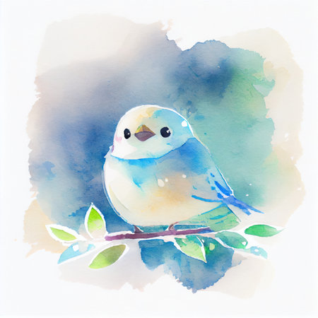 Small cute blue bird in watercolor style on white background. Generative Aiの素材