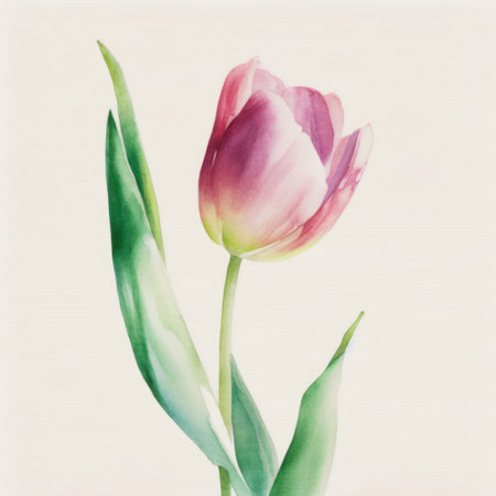 Pink tulip and leaves. Watercolor flower. Floral art. Generative AI.の素材