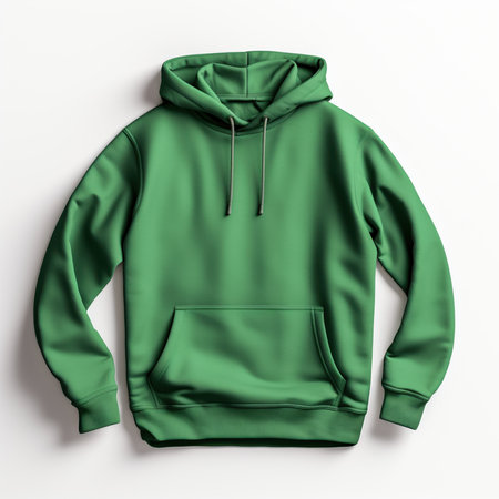 Green hoodie sweatshirt long sleeve with hood for your design mockup for print, isolated on white background. Template unisex sport clothes. Casual style fashion for men or woman. Top view front sideの素材